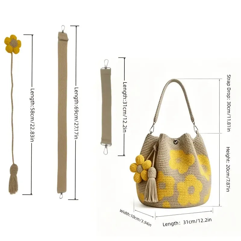 Hand crocheted flower tote bag, can be worn as shoulder bag, crossbody bag, or carried by hand, the perfect choice for everyday outings with a stylish vibe./YELLOW