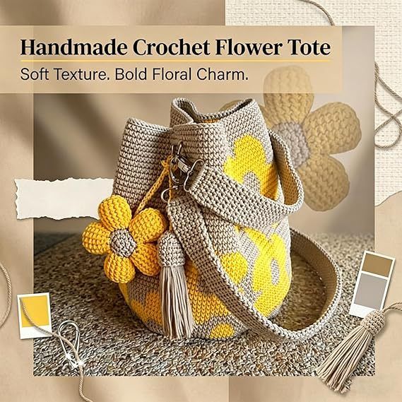Hand crocheted flower tote bag, can be worn as shoulder bag, crossbody bag, or carried by hand, the perfect choice for everyday outings with a stylish vibe./BLUE