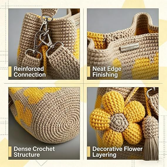 Hand crocheted flower tote bag, can be worn as shoulder bag, crossbody bag, or carried by hand, the perfect choice for everyday outings with a stylish vibe./BLUE