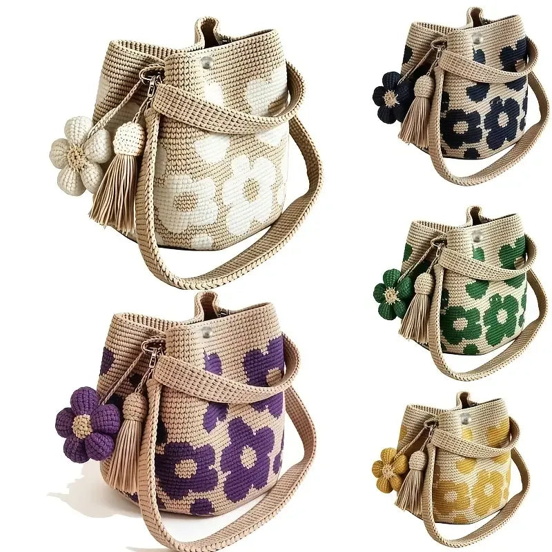 Hand crocheted flower tote bag, can be worn as shoulder bag, crossbody bag, or carried by hand, the perfect choice for everyday outings with a stylish vibe./BLUE