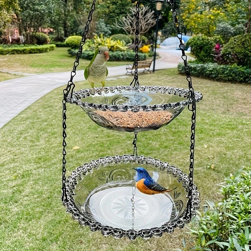 Chain-hung Double-layer Bird Feeder, transparent bowls for easy observation, thickened iron chain for stable load-bearing, adding natural vitality and bird-watching fun to your courtyard.（blue)