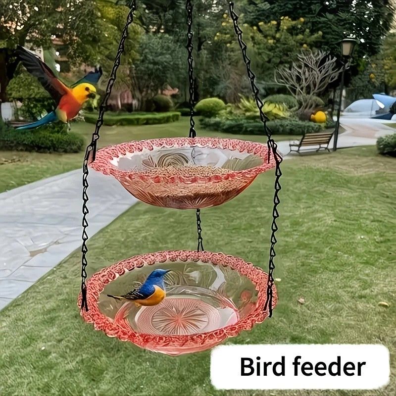 Chain-hung Double-layer Bird Feeder, transparent bowls for easy observation, thickened iron chain for stable load-bearing, adding natural vitality and bird-watching fun to your courtyard.（blue)