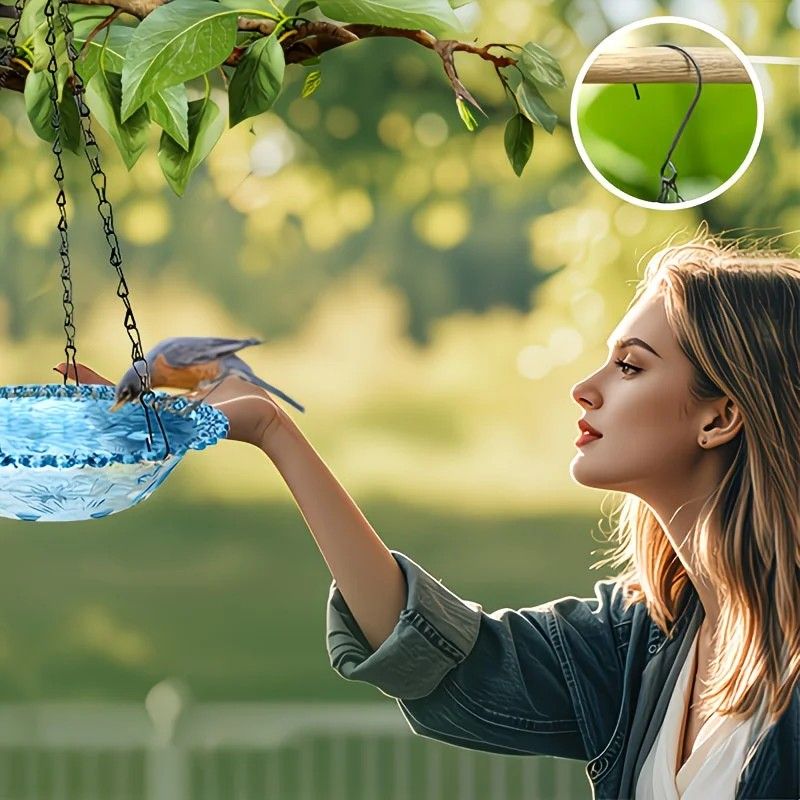 Chain-hung Double-layer Bird Feeder, transparent bowls for easy observation, thickened iron chain for stable load-bearing, adding natural vitality and bird-watching fun to your courtyard.（blue)