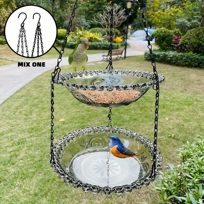 Chain-hung Double-layer Bird Feeder, transparent bowls for easy observation, thickened iron chain for stable load-bearing, adding natural vitality and bird-watching fun to your courtyard.（blue)