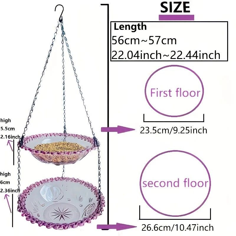 Chain-hung Double-layer Bird Feeder, transparent bowls for easy observation, thickened iron chain for stable load-bearing, adding natural vitality and bird-watching fun to your courtyard./BLACK
