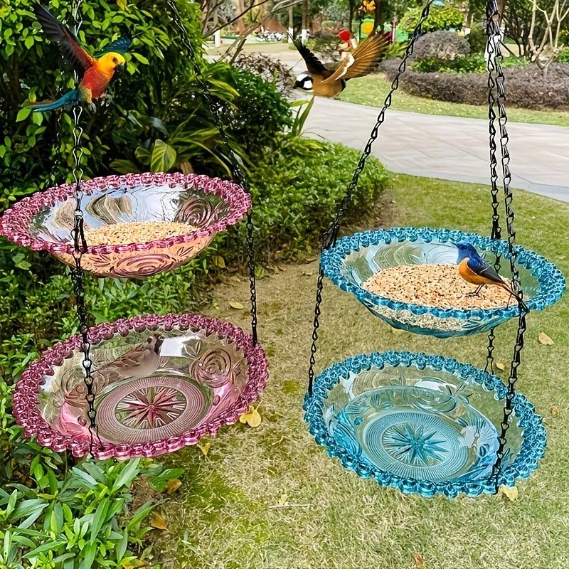 Chain-hung Double-layer Bird Feeder, transparent bowls for easy observation, thickened iron chain for stable load-bearing, adding natural vitality and bird-watching fun to your courtyard.(PINK)