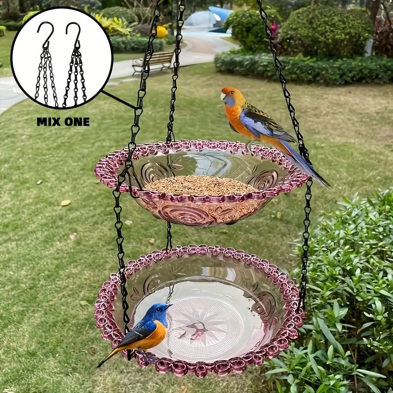 Chain-hung Double-layer Bird Feeder, transparent bowls for easy observation, thickened iron chain for stable load-bearing, adding natural vitality and bird-watching fun to your courtyard.(PINK)
