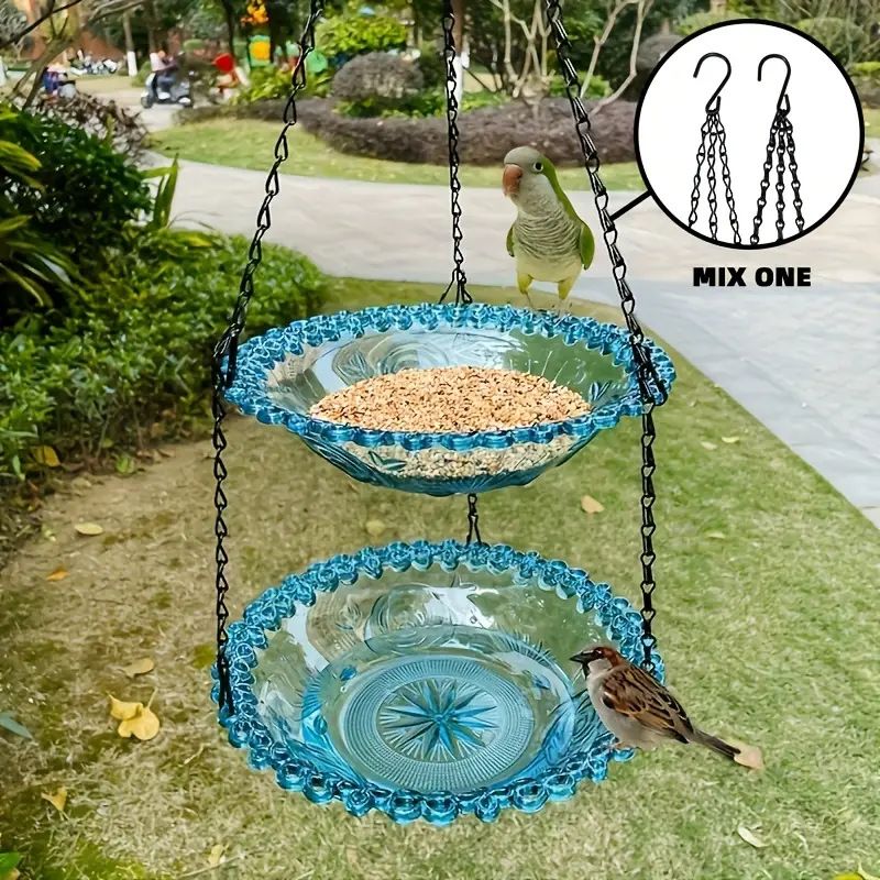 Chain-hung Double-layer Bird Feeder, transparent bowls for easy observation, thickened iron chain for stable load-bearing, adding natural vitality and bird-watching fun to your courtyard.(PINK)