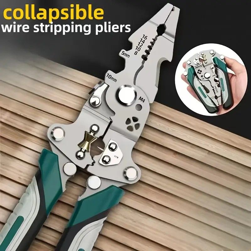 Multifunctional Folding Wire Stripper, Integrated with Wire Stripping, Crimping, Cutting, and Terminal Crimping Functions, Rubber Anti-slip Handle, Lightweight and Portable, Essential Tool for Efficient Electrician Work.