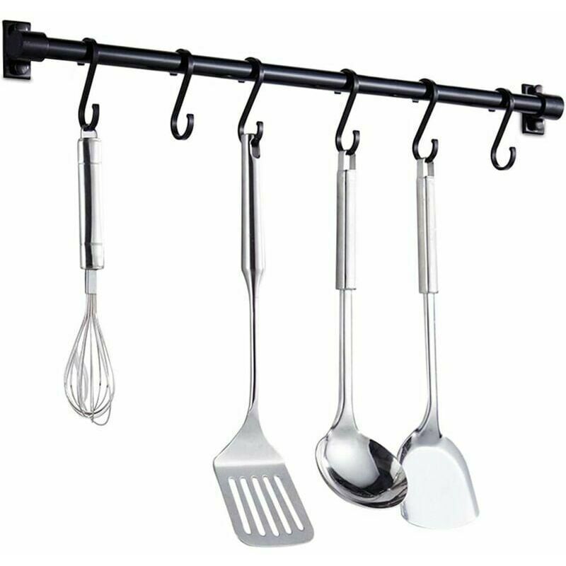 Kitchen Utensil Wall Rail 40cm Black with 6 Removable Hooks Rack
