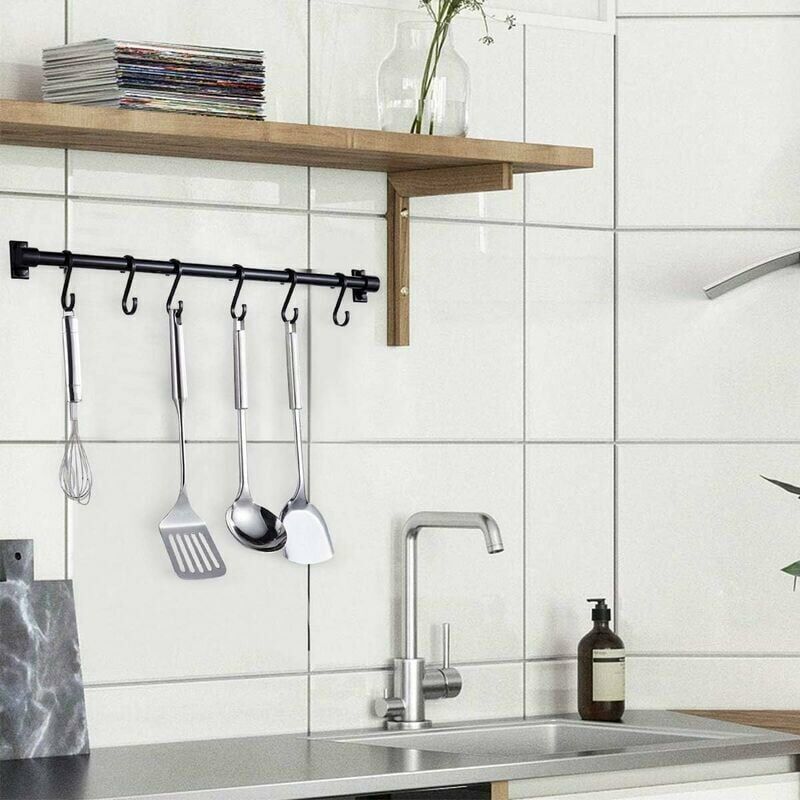 Kitchen Utensil Wall Rail 40cm Black with 6 Removable Hooks Rack