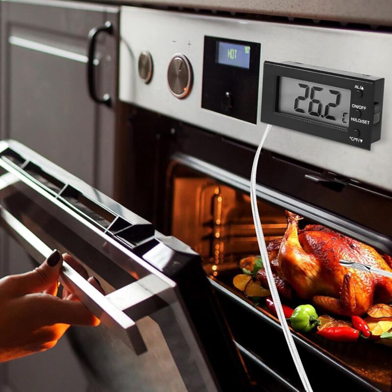 Digital Oven Thermometer Black, LCD Screen Celsius and Fahrenheit, 58 Degree F to 572 F and, 50 Degree C to 300 C with Probe
