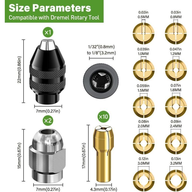 15x Rotary Tool Collet Chuck Set 0.8-3.2mm Dremel Compatible 4485 4486
