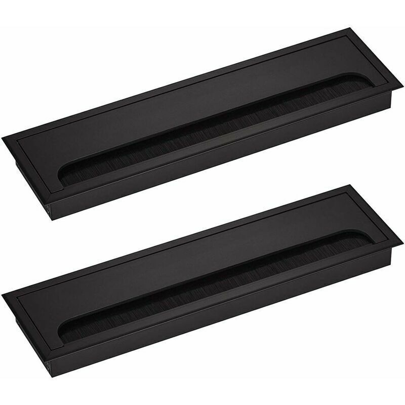 2x Recessed Desk Cable Management Covers Aluminium Black 80x280mm