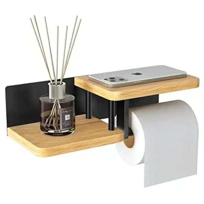 Door Papier Toilette Wall Wood Black Mounted in of Bambou Without DRILLING Derouleur Papier Toilette of High Quality with Shelves Door Rolls of