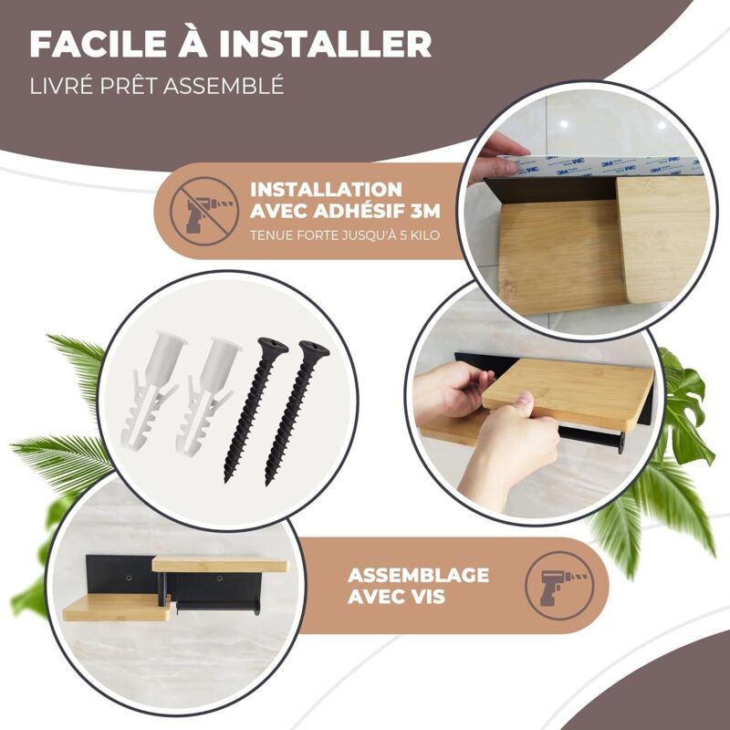 Door Papier Toilette Wall Wood Black Mounted in of Bambou Without DRILLING Derouleur Papier Toilette of High Quality with Shelves Door Rolls of