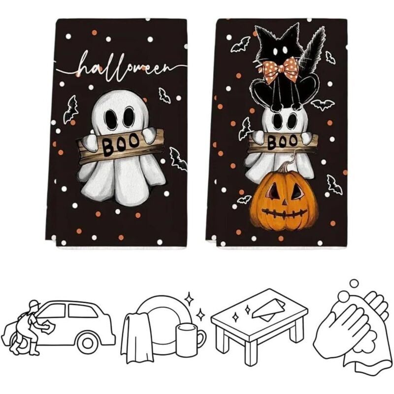 2x Halloween Kitchen Tea Towels Home Dining Table Decoration Dish Towels
