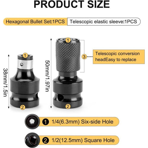 2x Impact Driver Bit Adapters 1/4 Hex to 1/2in Socket Wrench Drive