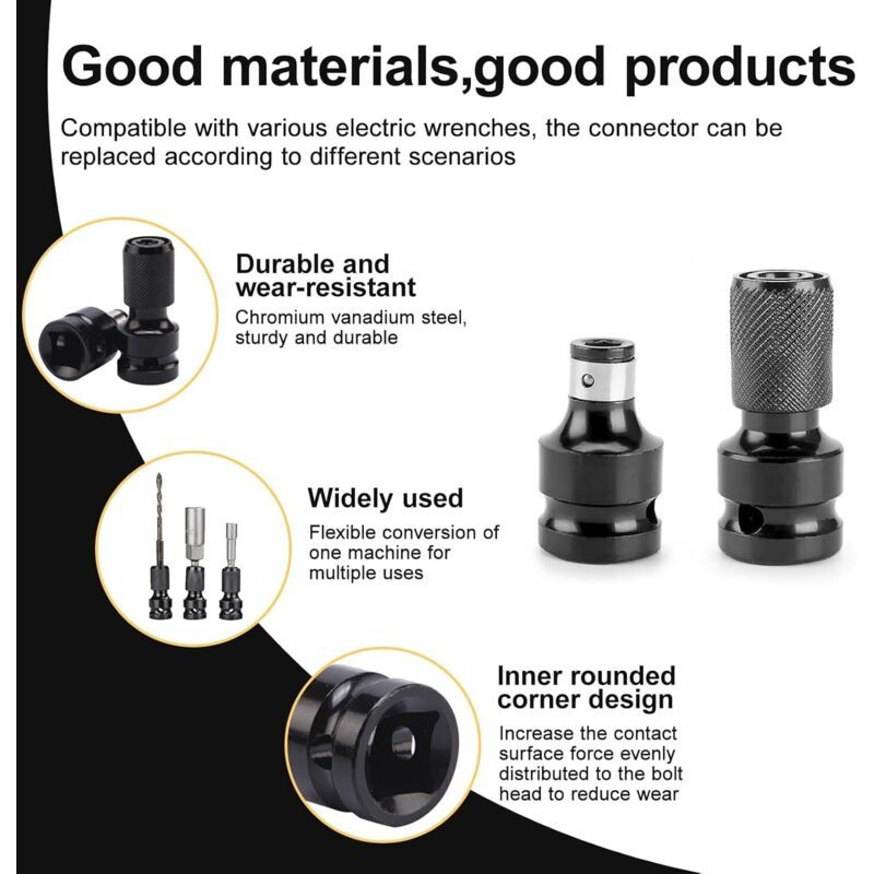 2x Impact Driver Bit Adapters 1/4 Hex to 1/2in Socket Wrench Drive