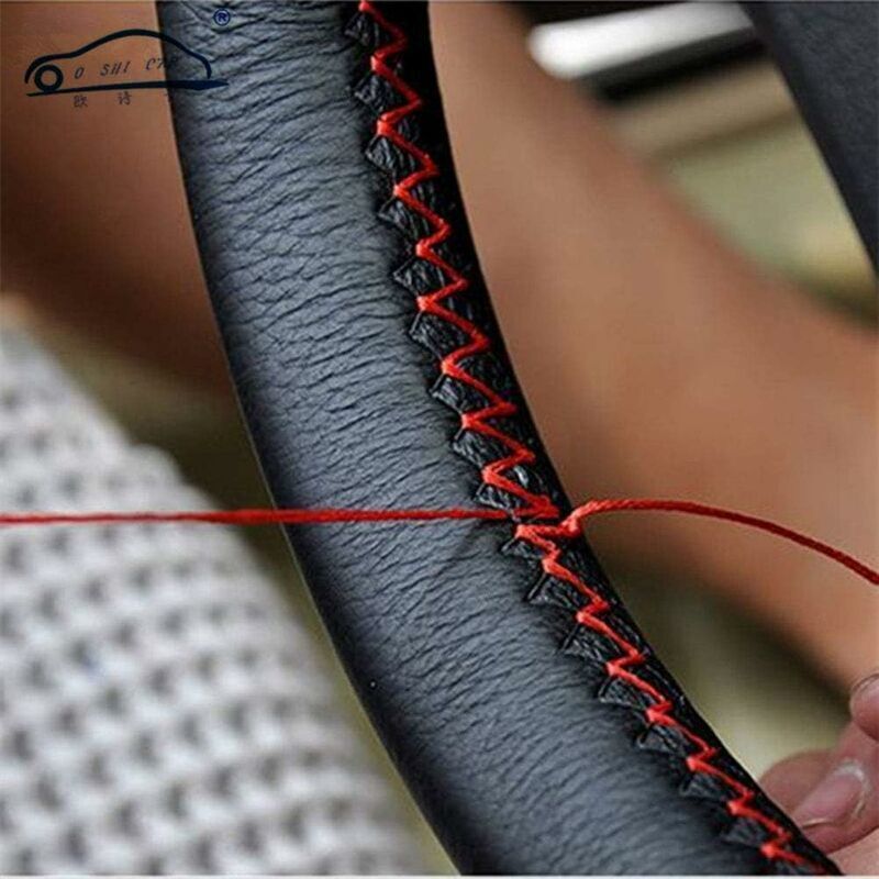 Soft Leather Steering Wheel Cover DIY Sew-On Kit with Needle Thread Red