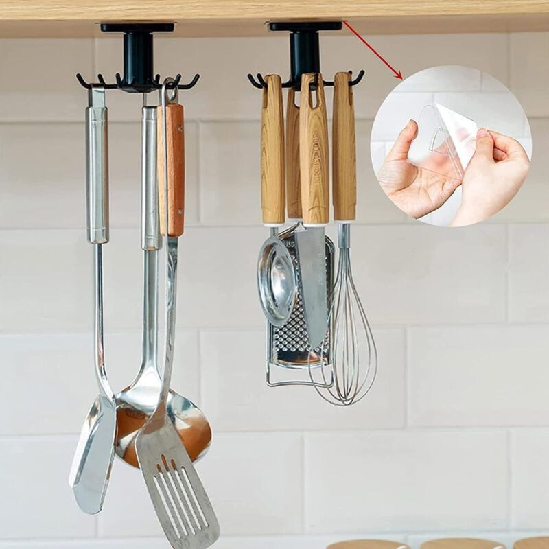 2x 360 Rotating Kitchen Utensil Rack Self-Adhesive 6-Hook Organiser