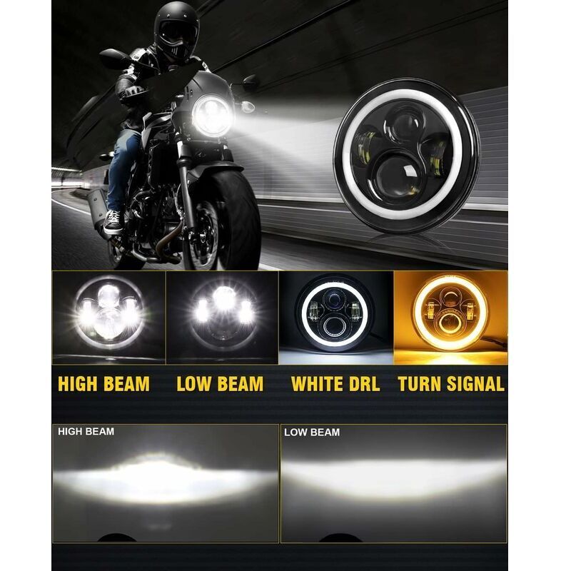Round LED Motorcycle Headlight White 4 Lighting Modes
