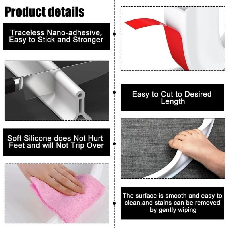 Foldable Silicone Shower Threshold Water Dam Barrier Self-Adhesive 2m