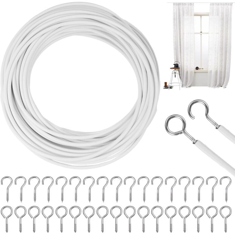 Curtain Wire 10m White with 25 Eye Bolts and Screw Hooks for Nets