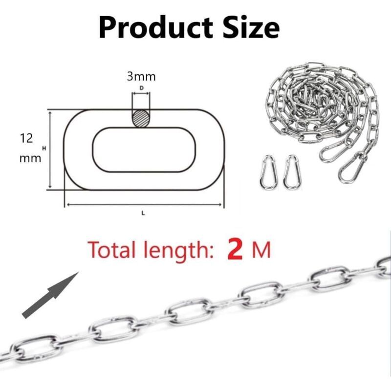 2x Stainless Steel Chain 3mm x 2m with Carabiners for Hammock Hanging