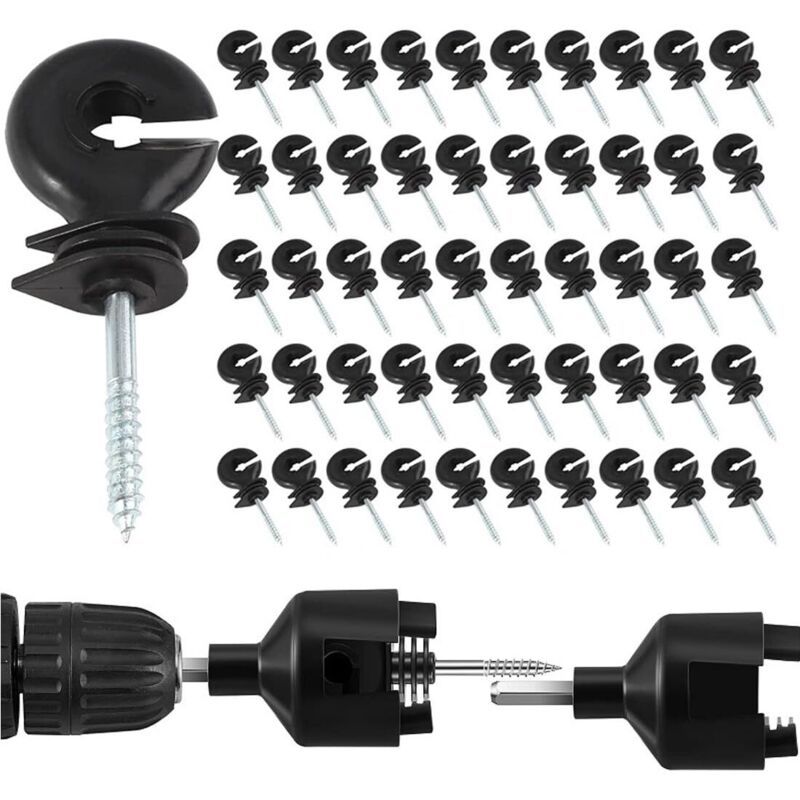 50x Screw-In Ring Insulators for Electric Fence Wood Posts with Drill Chuck