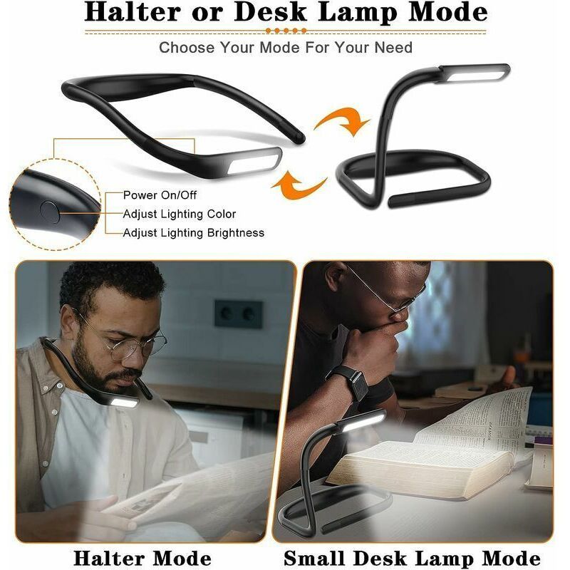 LED Neck Reading Light Rechargeable Flexible Arms 3 Colours Adjustable