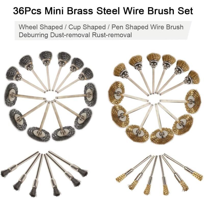 36pc Wire Brush Set Brass Stainless Steel Drill Rotary Polishing Kit