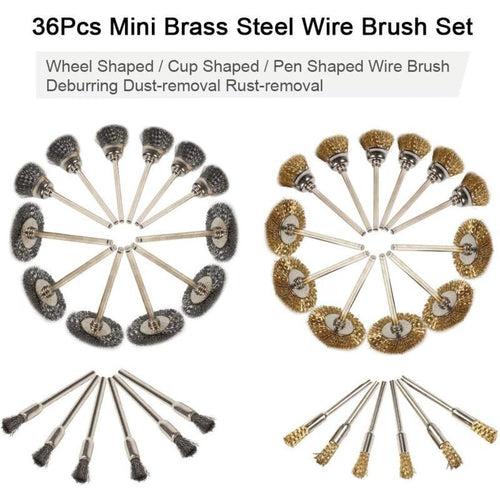 36pc Wire Brush Set Brass Stainless Steel Drill Rotary Polishing Kit