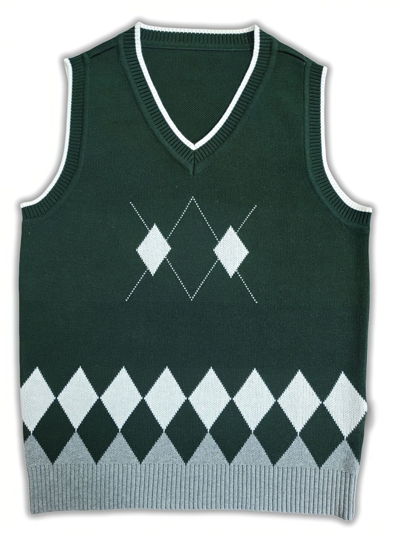 BX0004-DARK 100% Cotton Kids V-Neck Argyle Sweater Vest, Boys and Girls School Uniform Knitwear, Dark Green, Size 110