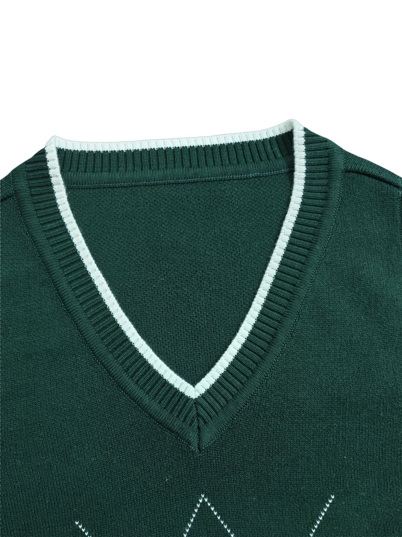 BX0004-DARK 100% Cotton Kids V-Neck Argyle Sweater Vest, Boys and Girls School Uniform Knitwear, Dark Green, Size 110