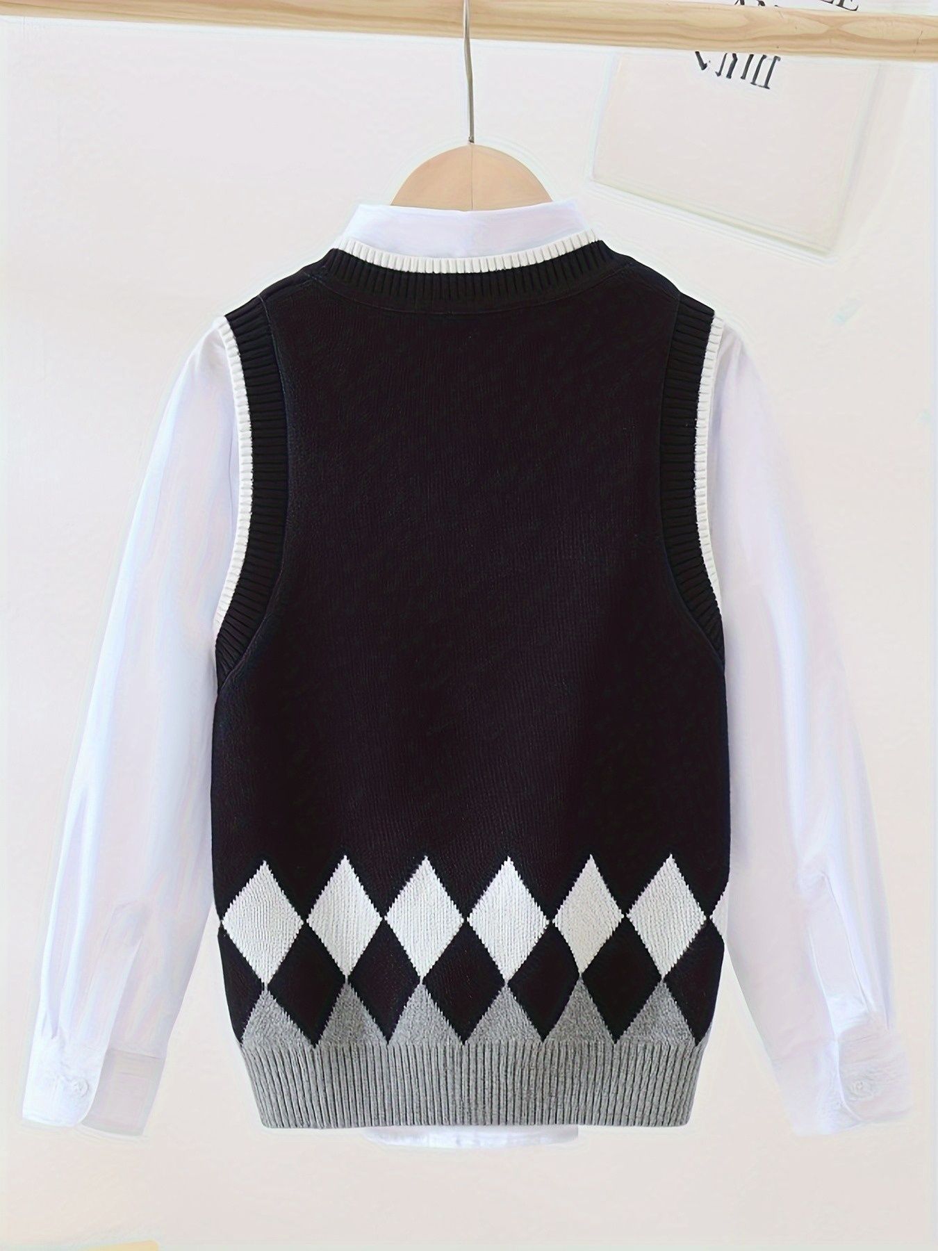 BX0004-NAVY 100% Cotton Kids V-Neck Argyle Sweater Vest, Boys and Girls School Uniform Knitwear, Navy Blue, Size 110
