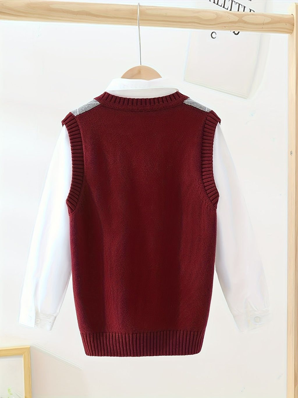 BX0007-WINE 100% Cotton Kids V-Neck Argyle Sweater Vest, Boys and Girls School Uniform Knitwear, Wine Red, Size 110