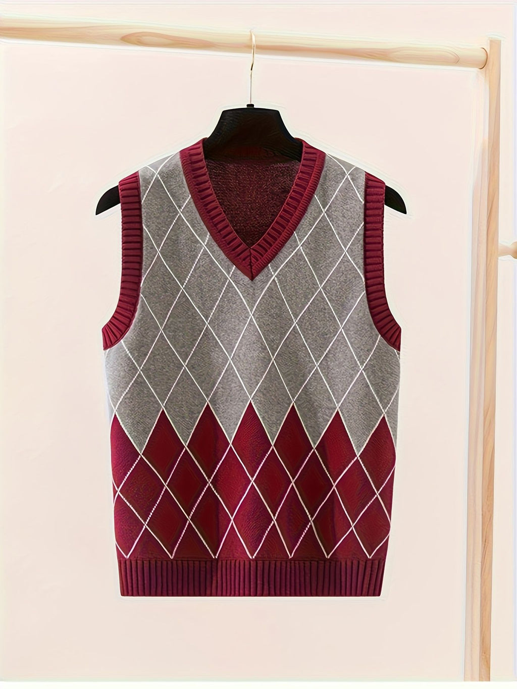 BX0007-WINE 100% Cotton Kids V-Neck Argyle Sweater Vest, Boys and Girls School Uniform Knitwear, Wine Red, Size 110