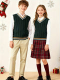 BX0009-DARK 100% Cotton Kids V-Neck Cable Knit Sweater Vest, Boys and Girls Knitwear, Dark Green, Size 165