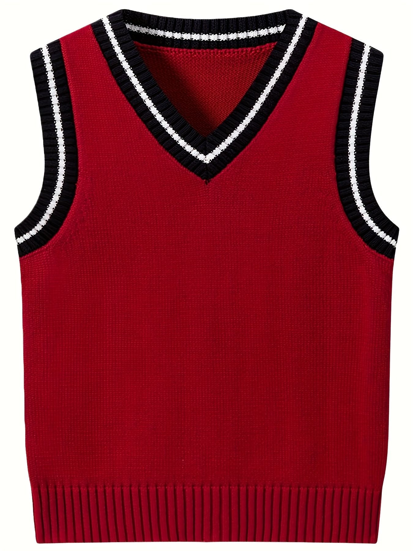 BX0011-DARK 100% Cotton Kids V-Neck Striped Sweater Vest, Boys and Girls Knitwear, Dark Red, Size 120