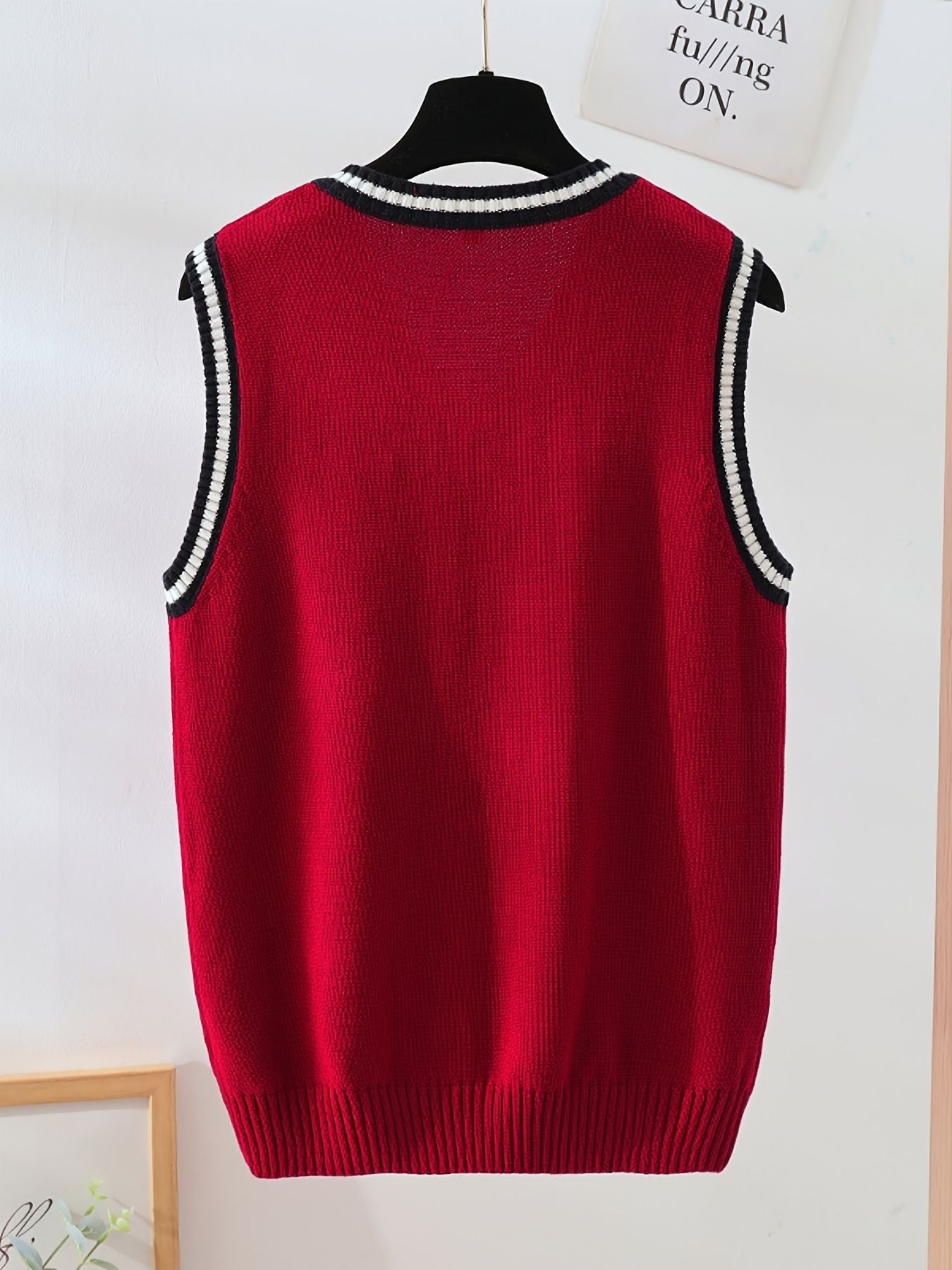 BX0011-DARK 100% Cotton Kids V-Neck Striped Sweater Vest, Boys and Girls Knitwear, Dark Red, Size 140