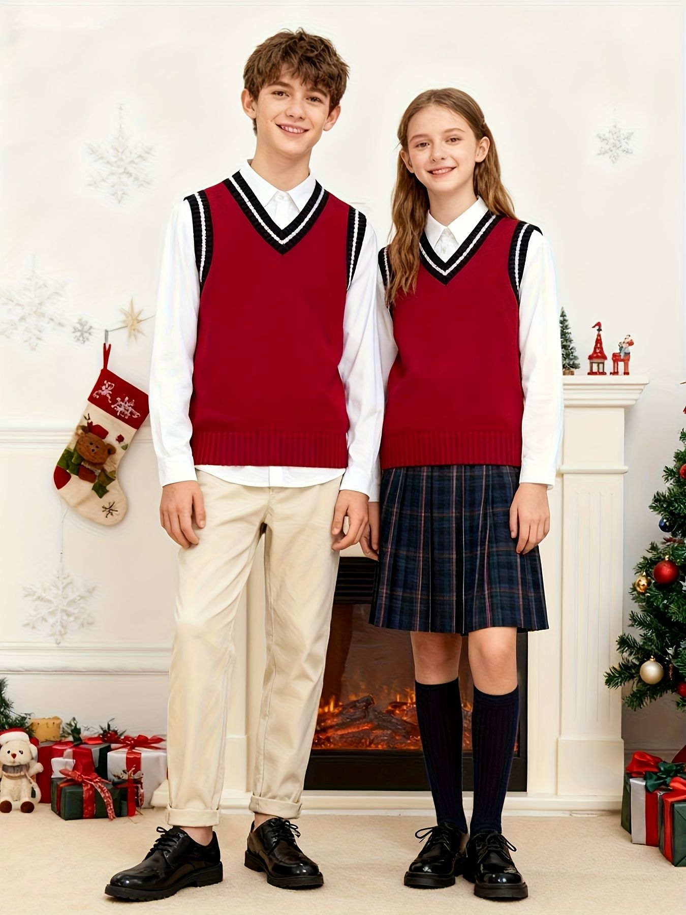 BX0011-DARK 100% Cotton Kids V-Neck Striped Sweater Vest, Boys and Girls Knitwear, Dark Red, Size 150