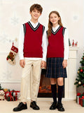 BX0011-DARK 100% Cotton Kids V-Neck Striped Sweater Vest, Boys and Girls Knitwear, Dark Red, Size 160
