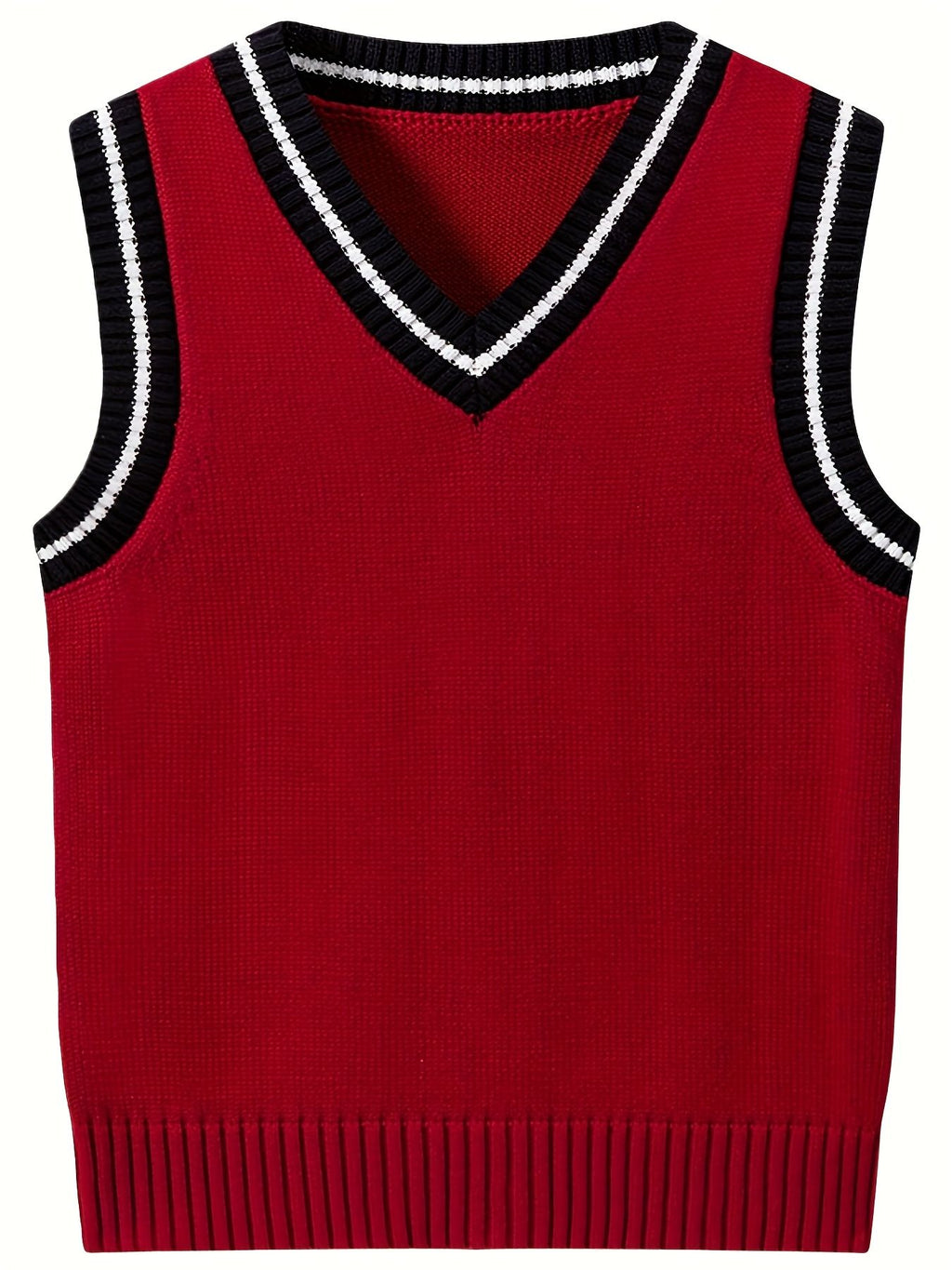 BX0011-DARK 100% Cotton Kids V-Neck Striped Sweater Vest, Boys and Girls Knitwear, Dark Red, Size 160