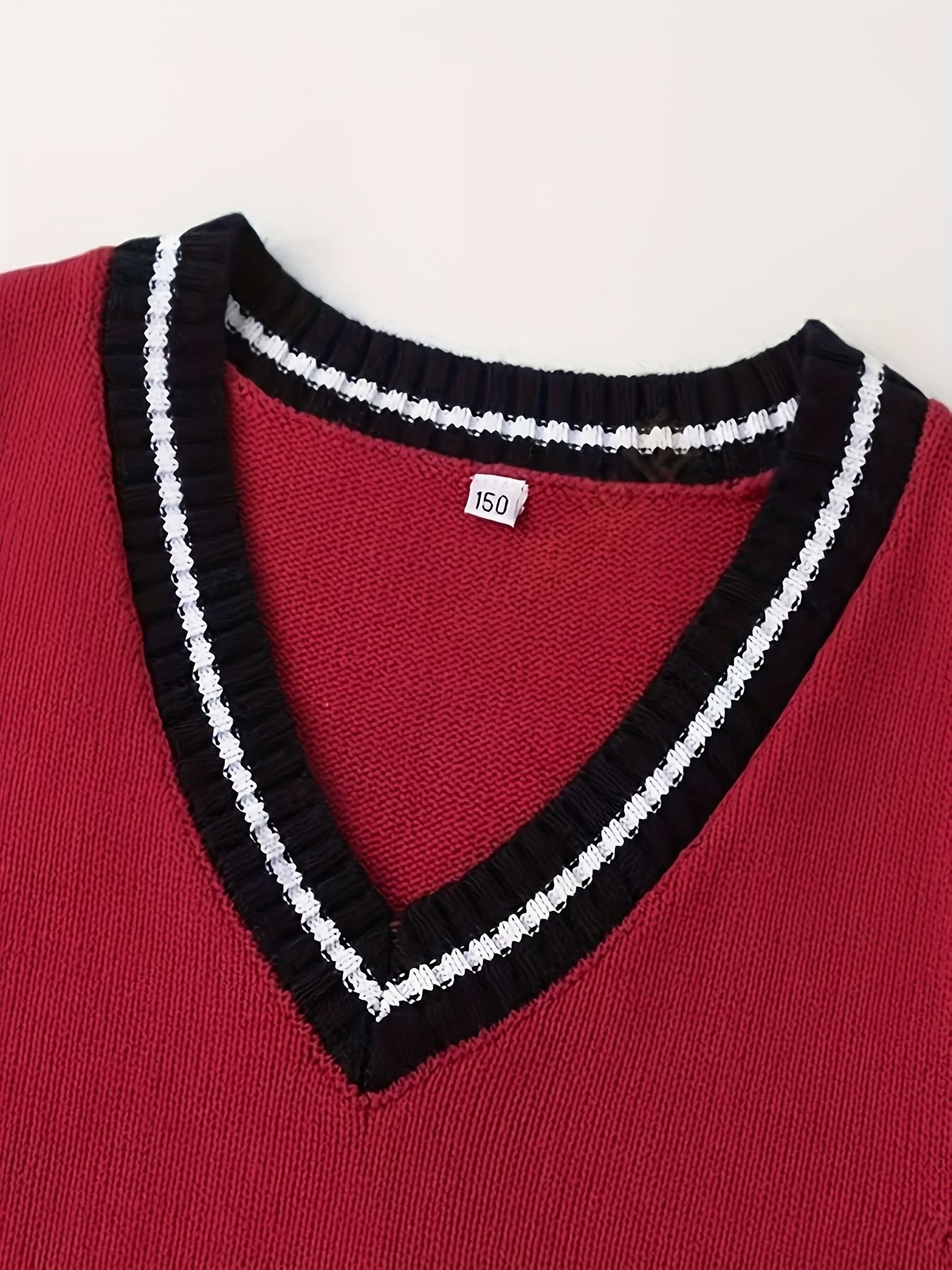 BX0011-DARK 100% Cotton Kids V-Neck Striped Sweater Vest, Boys and Girls Knitwear, Dark Red, Size 165