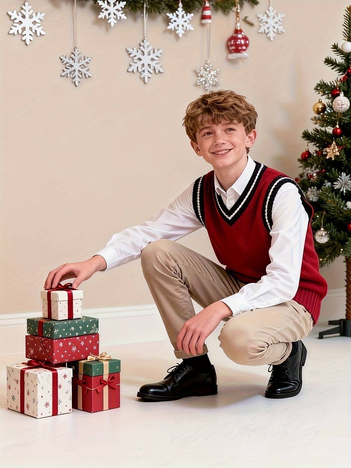 BX0011-DARK 100% Cotton Kids V-Neck Striped Sweater Vest, Boys and Girls Knitwear, Dark Red, Size 165