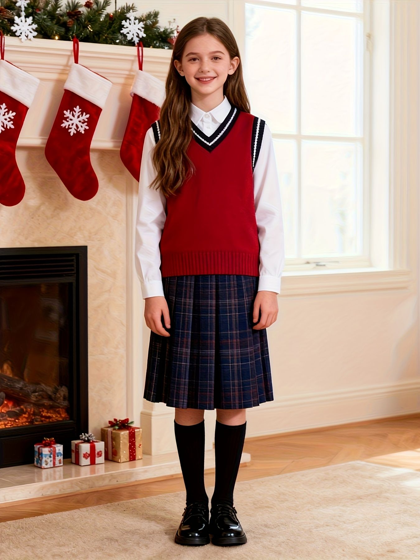 BX0011-DARK 100% Cotton Kids V-Neck Striped Sweater Vest, Boys and Girls Knitwear, Dark Red, Size 170