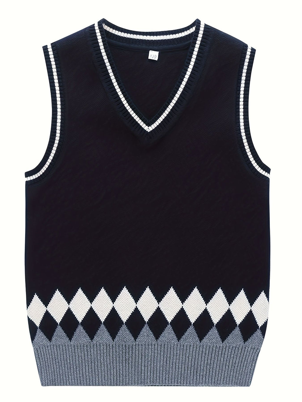 BX0012-NAVY 100% Cotton Kids V-Neck Argyle Sweater Vest, Boys and Girls Knitwear, Navy Blue, Size 110