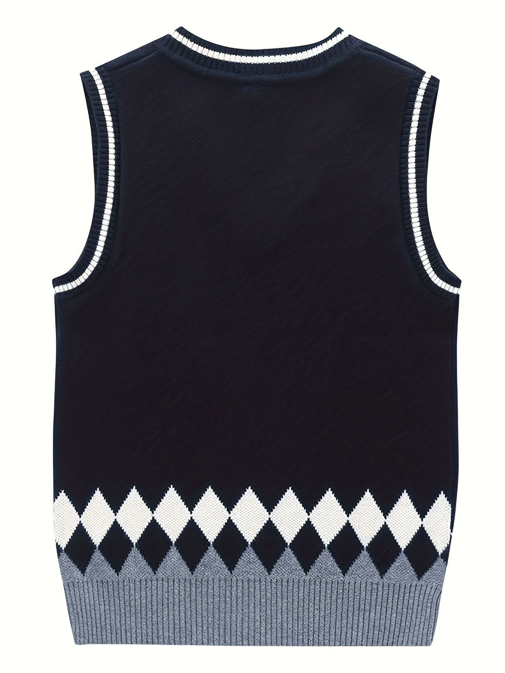 BX0012-NAVY 100% Cotton Kids V-Neck Argyle Sweater Vest, Boys and Girls Knitwear, Navy Blue, Size 130