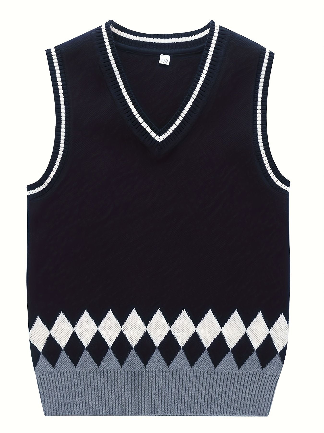 BX0012-NAVY 100% Cotton Kids V-Neck Argyle Sweater Vest, Boys and Girls Knitwear, Navy Blue, Size 130